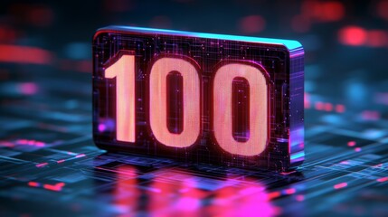 3D Number 100 Render, Percentage Symbol In Digital Space, Abstract Technology Concept.