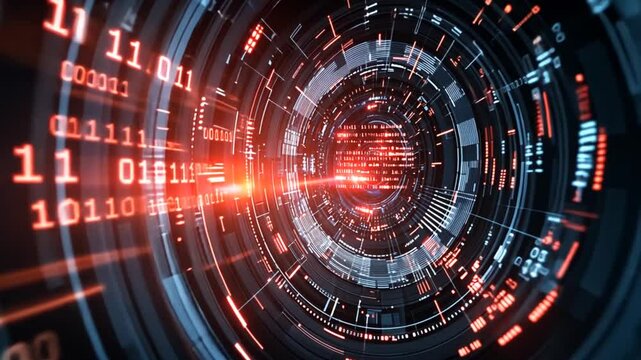 Futuristic digital code vortex with binary data stream and glowing signals representing advanced technology and cybersecurity protocols