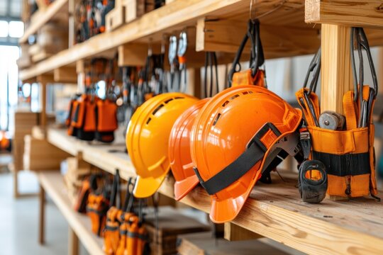 Safety Helmets and Climbing Gear Organized on Wooden Shelves in Workshop