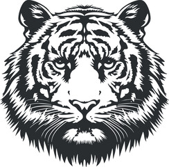 Fototapeta premium Black and white illustration of a tiger's face with intricate details and bold lines.