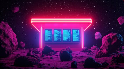 Futuristic neon diner experience space digital art cosmic environment 3d perspective imaginative concept
