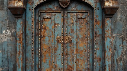 A weathered and rusted metal door provides a textural and aged look