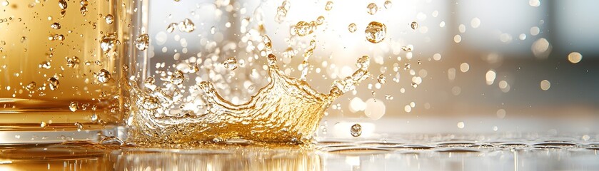 A close-up of gold flakes floating in clear liquid, resembling liquid luxury, gold in liquid, luxurious drinks