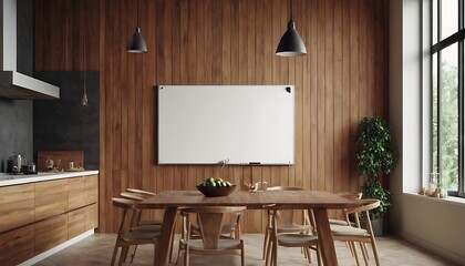 Modern kitchen interior with blank poster on wooden wall. 3D Rendering,floor, furniture, gallery, lamp, room, shelf, three-dimensional, cabinet, frame, interior, office, blank, drawer, 8