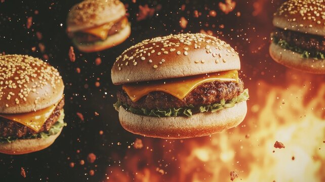Explosive food event burgers soaring in fiery background fast food promotion dynamic scene eye-catching visual