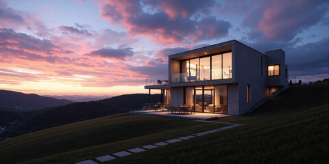 Obraz premium Modern Hillside Home at Dusk A contemporary home with property-released architecture, featuring floor-to-ceiling windows glowing warmly, set against rolling hills