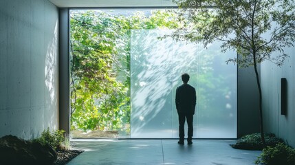 Fototapeta premium A person contemplating nature from within a modern architectural structure