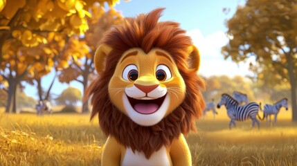 A full-body shot of a happy lion, a cartoon character, set in a golden savannah environment with acacia trees and grazing zebras in the background, the image is cute, adorable, and features vibrant