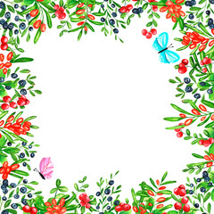 Set of square frames of watercolor blueberries, lingonberries, sea buckthorn and butterflies. Clip art, design element.