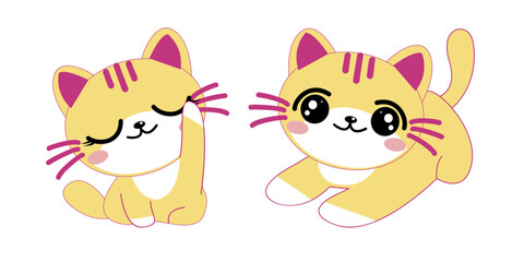 Vector set of two cute cats on white background. Cartoon characters cute cats, happy cute, art, animals, kittens, pets