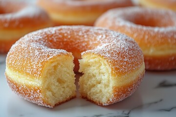 Delicious Glazed Donuts with Powdered Sugar on a Marble Surface