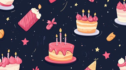 Cute seamless birthday pattern background with cake and candles.