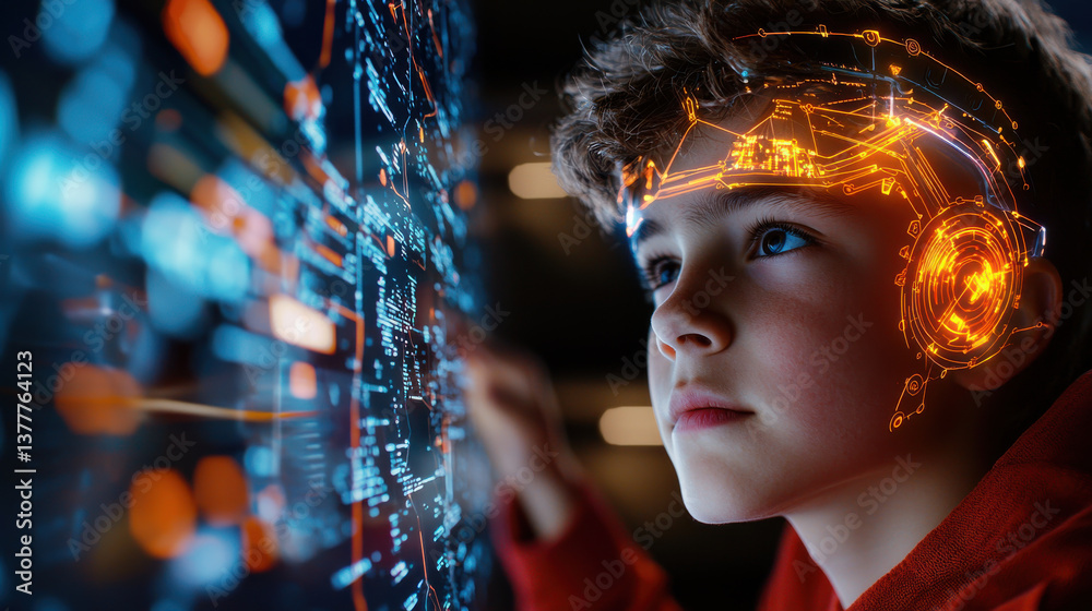 Poster young person interacts with digital interface, wearing virtual reality headset with glowing orange c