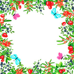 Square frame with blueberries, strawberries, sea buckthorn and butterflies. Hand drawn watercolor berries. Design for paper, background, menu, poster, textile, wallpaper, business cards.
