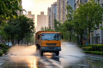 Obraz premium Street cleaning vehicle sprays water on urban street at sunset Generative AI