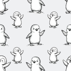 Seamless cute hand-drawn penguin pattern. Minimalist sketch style, perfect for fabrics, wallpapers and baby products. Vector illustration.