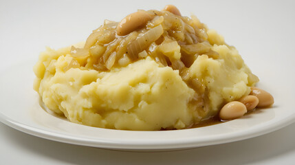 Creamy Mashed Potatoes with Savory Onion and Bean Topping on a White Plate for Culinary Delight