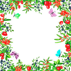 Square frame with blueberries, strawberries, sea buckthorn and colorful butterflies. Hand drawn watercolor berries. Design for paper, background, menu, poster, textile, wallpaper, business cards.