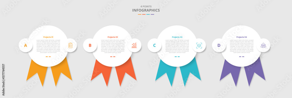 Poster 4 points template infographic with big circle and ribbon badge at bottom with drop shadow style with