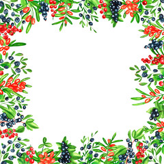 Square frame with blueberry, red currant, blackcurrant, sea buckthorn. Hand drawn watercolor berries. Design for paper, background, menu, poster, textile, wallpaper, business cards.