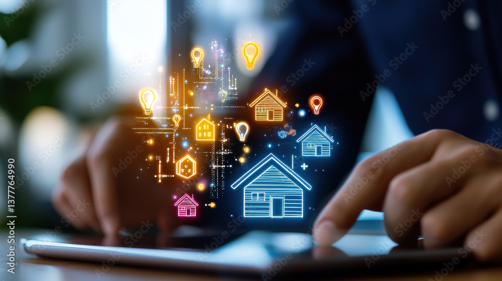 Poster person interacts with digital tablet displaying colorful icons of houses and lightbulbs, symbolizing