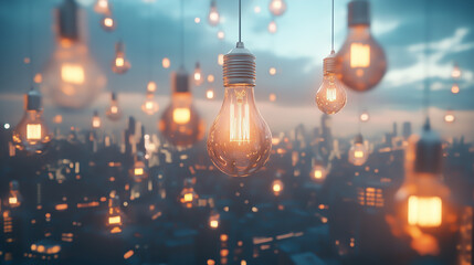 Warm glowing vintage-style light bulbs of various sizes floating above a blurred city skyline at twilight, evoking imagination and bright ideas. Concept of creativity, inspiration and innovation.
