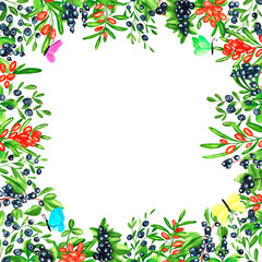 Square frame with blueberries, black currants, sea buckthorn and butterflies. Hand drawn watercolor berries. Design for paper, background, menu, poster, textile, wallpaper, business cards.