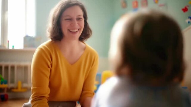 Smiling play therapist in cozy playroom, engaging with children through toys and games, warm natural light, calm therapy environment, emotional support and child counseling concept