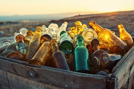 Used glass jars and bottles collected for recycling at sunset Generative AI