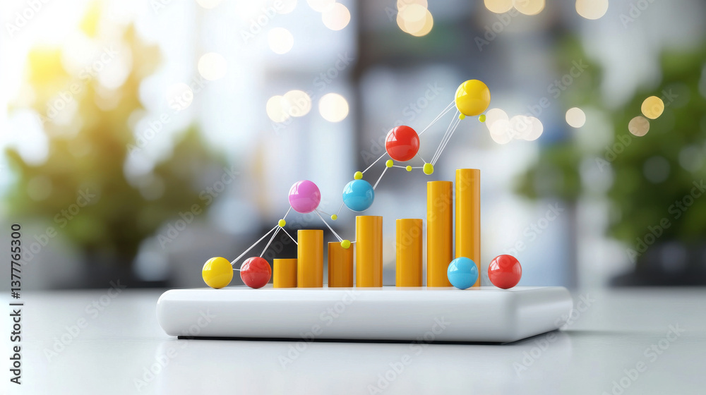 Fototapete colorful 3d bar graph with interconnected spheres represents data analysis and growth, set against b