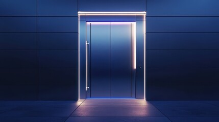 Modern elevator doors with illuminating lights in a building entrance