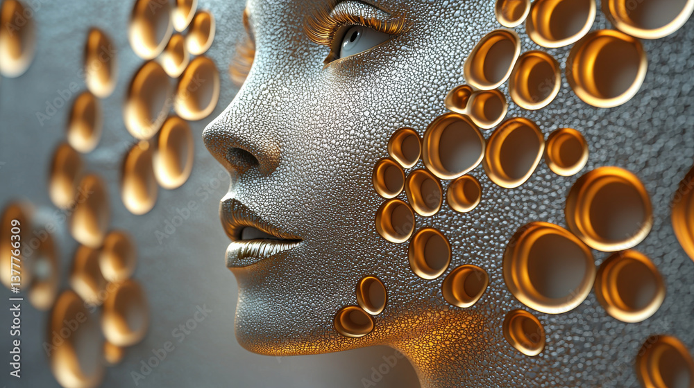 Poster futuristic sculpture of human face with gold circular patterns on textured surface, evoking sense of