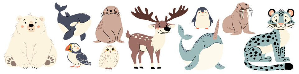 Vector set of flat vector illustrations in a simple children's style. Cute animals of the north pole. Polar bear walrus walrus penguin snow leopard seal orca polar owl narwhal. Vector illustration © Alena