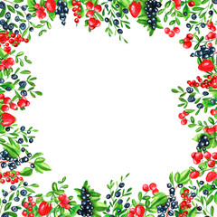 Square frame with blueberries, red currants, black currants, strawberries and cowberries. Hand drawn watercolor berries. Design for paper, background, menu, poster, textile, wallpaper, business cards.