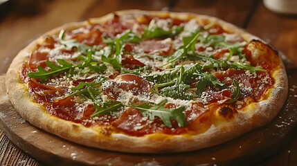 A rustic pizza topped with prosciutto, arugula, and Parmesan shavings, styled on a wooden paddle with flour dusted around