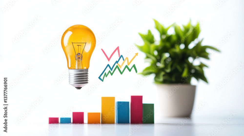 Poster floating light bulb symbolizes innovation above colorful bar graphs, representing growth and success
