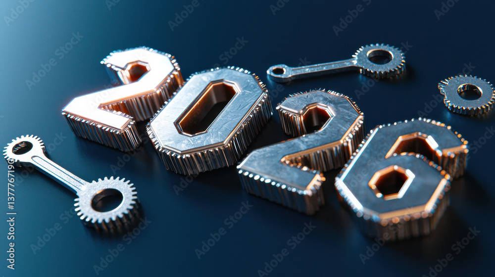 Poster metallic numbers 2026 with gear like edges are arranged on dark surface, symbolizing futuristic and 