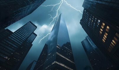 Dramatic Lightning Strikes Skyscraper in Urban Cityscape at Dusk