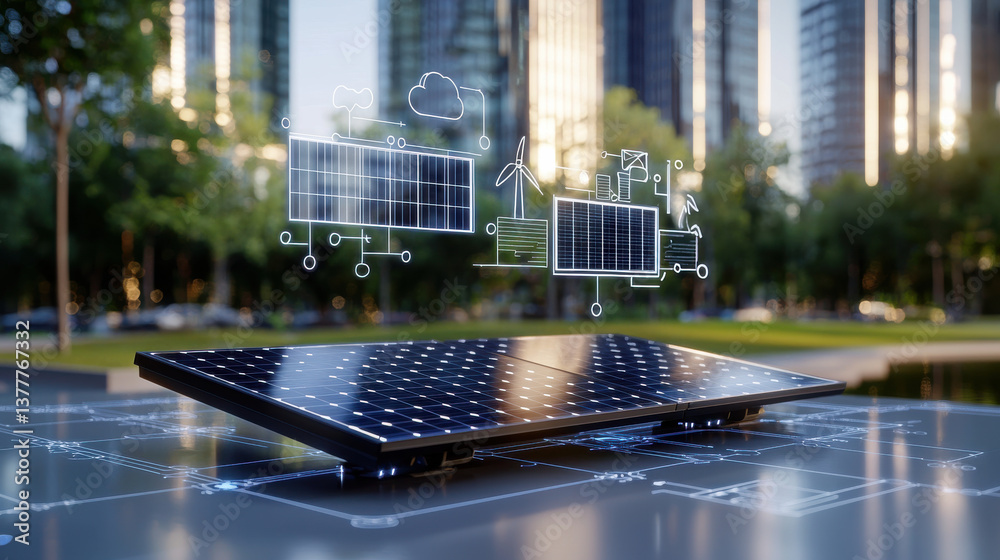 Aufkleber solar panel is displayed on blueprint with digital illustrations of renewable energy concepts, set a