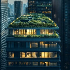 Obraz premium Urban Modern Architecture with Green Rooftops at Dusk Showcasing Sustainable Design and City Heights, Capturing the Contrast of Nature and Concrete in a Bustling Metropolis