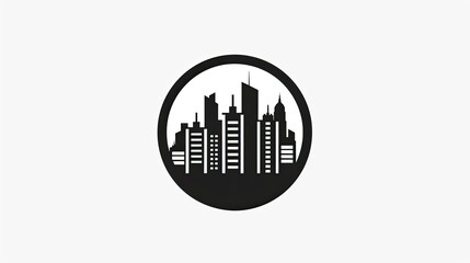 Fototapeta premium Logo design: vector graphic of a city skyline inside a circle, a simple, minimal logo with a flat black and white color palette