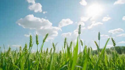 Obraz premium Lush Green Wheat Field Under a Bright Blue Sky with Fluffy Clouds