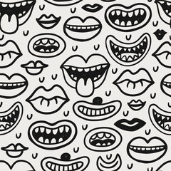 Seamless pattern with cute doodle cartoon characters,  mouths and mascot elements. Hand drawn vector set. Cartoon faces collection