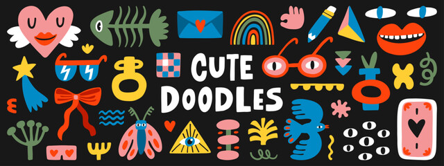 Cute colored doodle cartoon characters and abstract elements. Hand-drawn vector set. Illustration elements for decor, pattern, poster, card or sticker design.