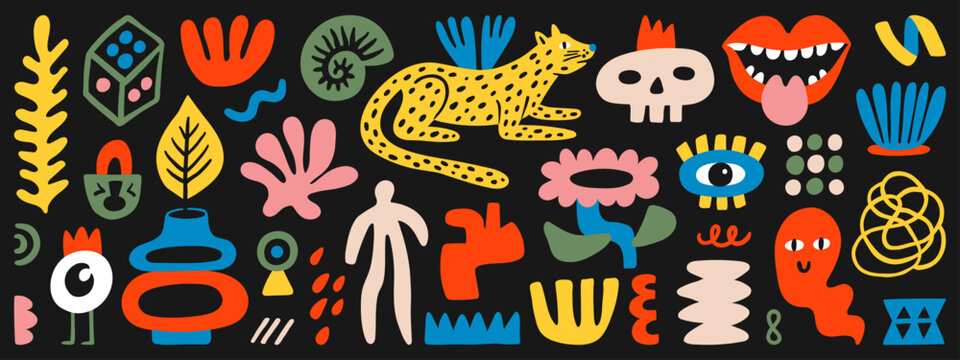 Naklejki Cute colored doodle cartoon characters and abstract elements. Hand-drawn vector set. Illustration elements for decor, pattern, poster, card or sticker design.