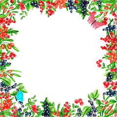 Fresh cowberry and red currant, black currant, colorful butterflies, sea buckthorn background. Set of square frames of watercolor berries. Clip art, design element.