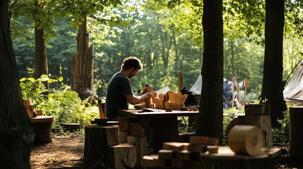 Fototapeta premium A man crafting wooden objects in a natural outdoor setting