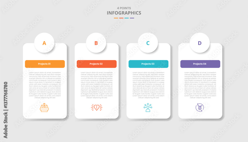 Poster 4 points template infographic with round rectangle box table with circle badge on top with drop shad