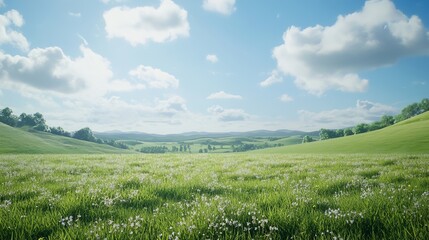 Fototapeta premium Serene vast grassland with rolling hills and wildflowers at sunrise, misty morning, photorealistic nature scene