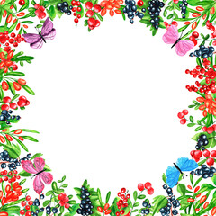 Fresh cowberry and red currant, black currant, butterflies, sea buckthorn background. Set of square frames of watercolor berries. Clip art, design element.